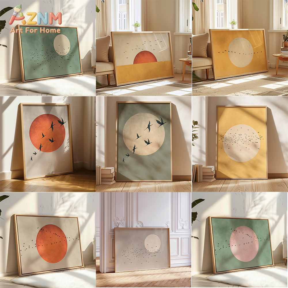 Home Decor Orange - Sage Green Yellow Flock of Birds