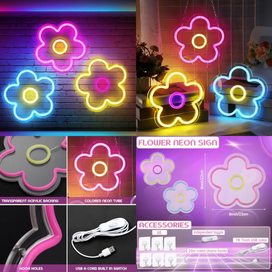 3 Pcs Flower Neon Sign Light u - Home Decor Retro のレビューと価格
