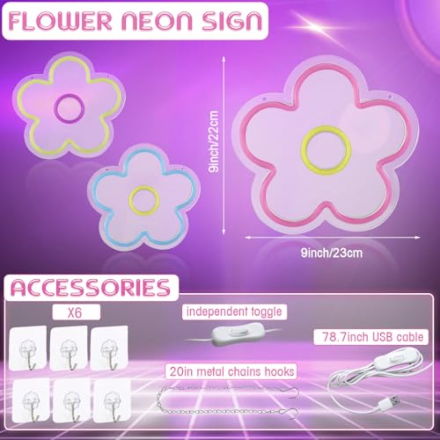 3 Pcs Flower Neon Sign Light u - Home Decor Retro のレビューと価格