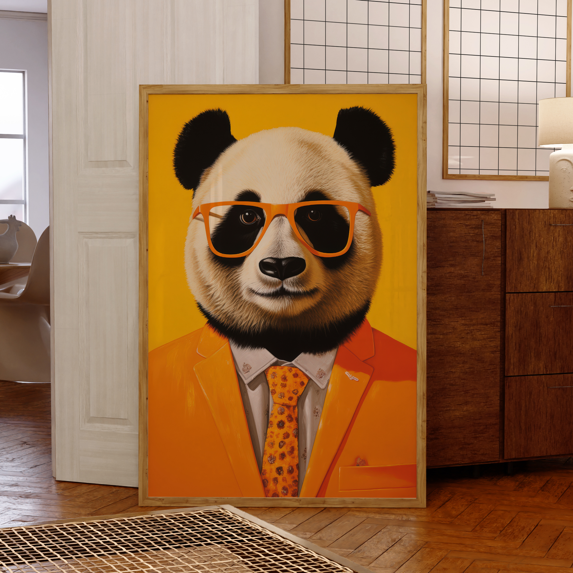 Modern Panda Wearing Yellow A  - Geometric Wall Art のレビューと価格